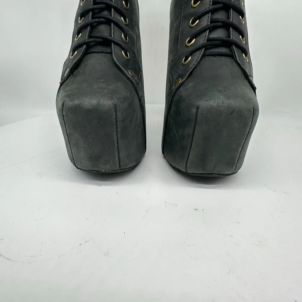 Jeffrey Campbell Lita Chunky Platform Gray Wooden Heel Leather Bootie Size 6.5